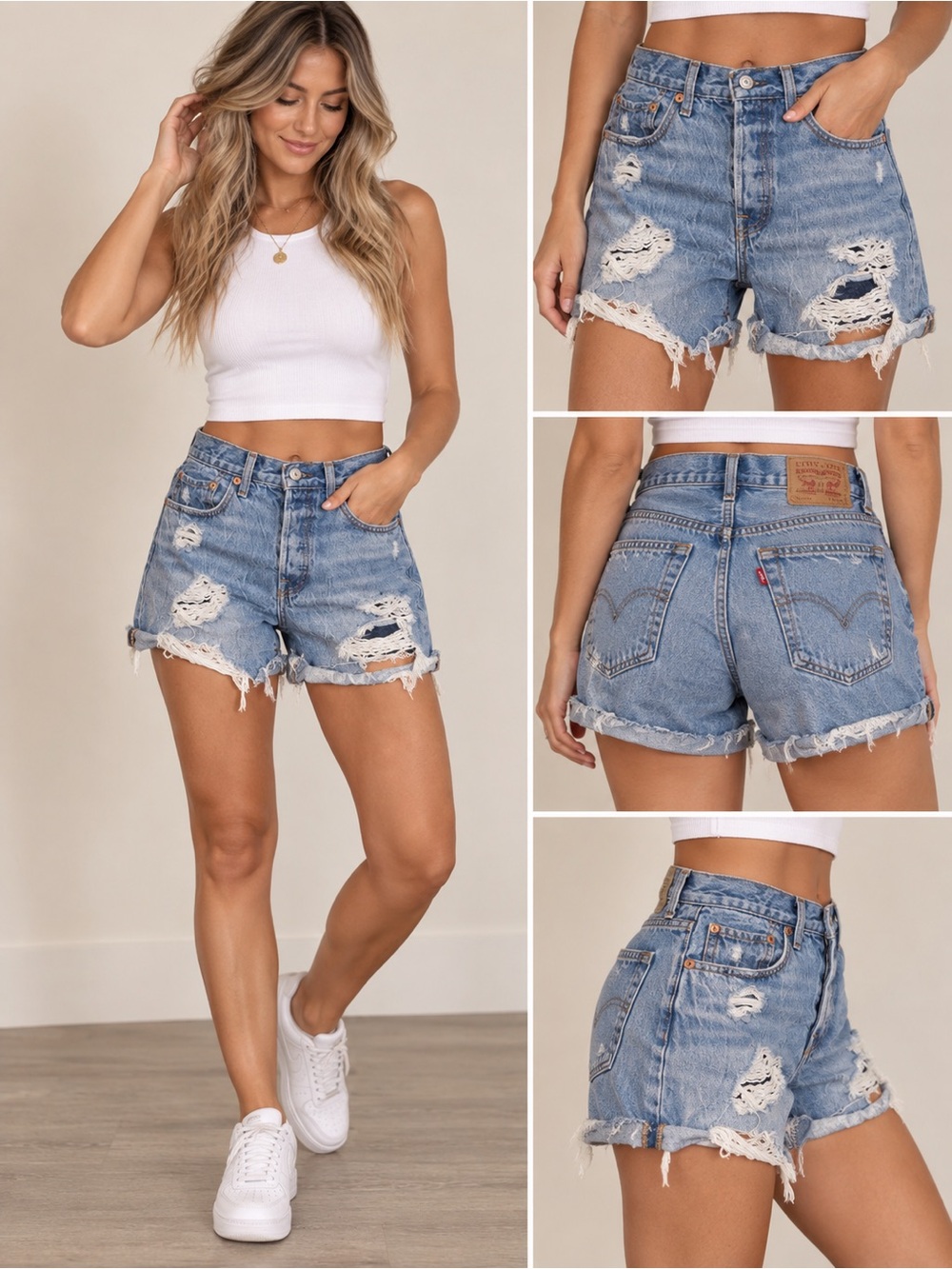 Levi's Light Blue Distressed High-Waist Denim Shorts